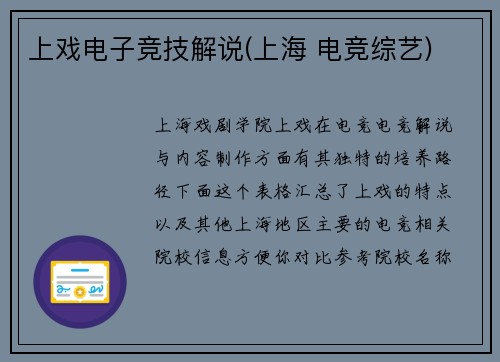 上戏电子竞技解说(上海 电竞综艺)